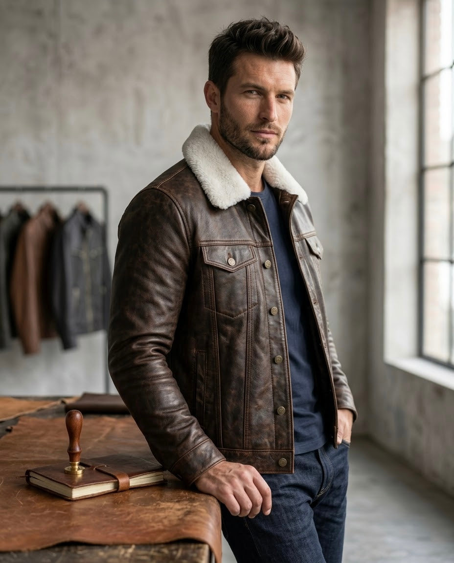 Men's Black Shearling Collar Leather Jacket