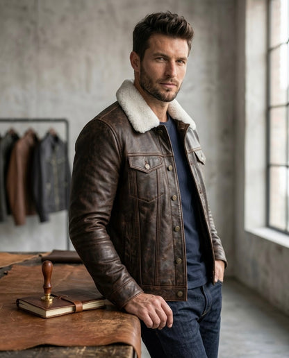 Men's Black Shearling Collar Leather Jacket