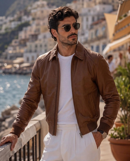 Men's Classic Brown Leather Bomber Jacket