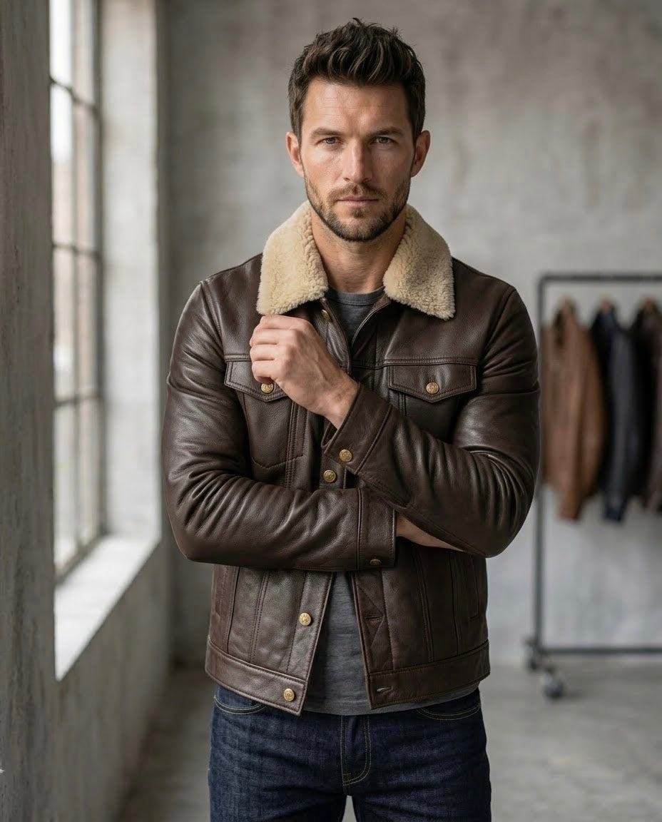 Men's Black Shearling Collar Leather Jacket