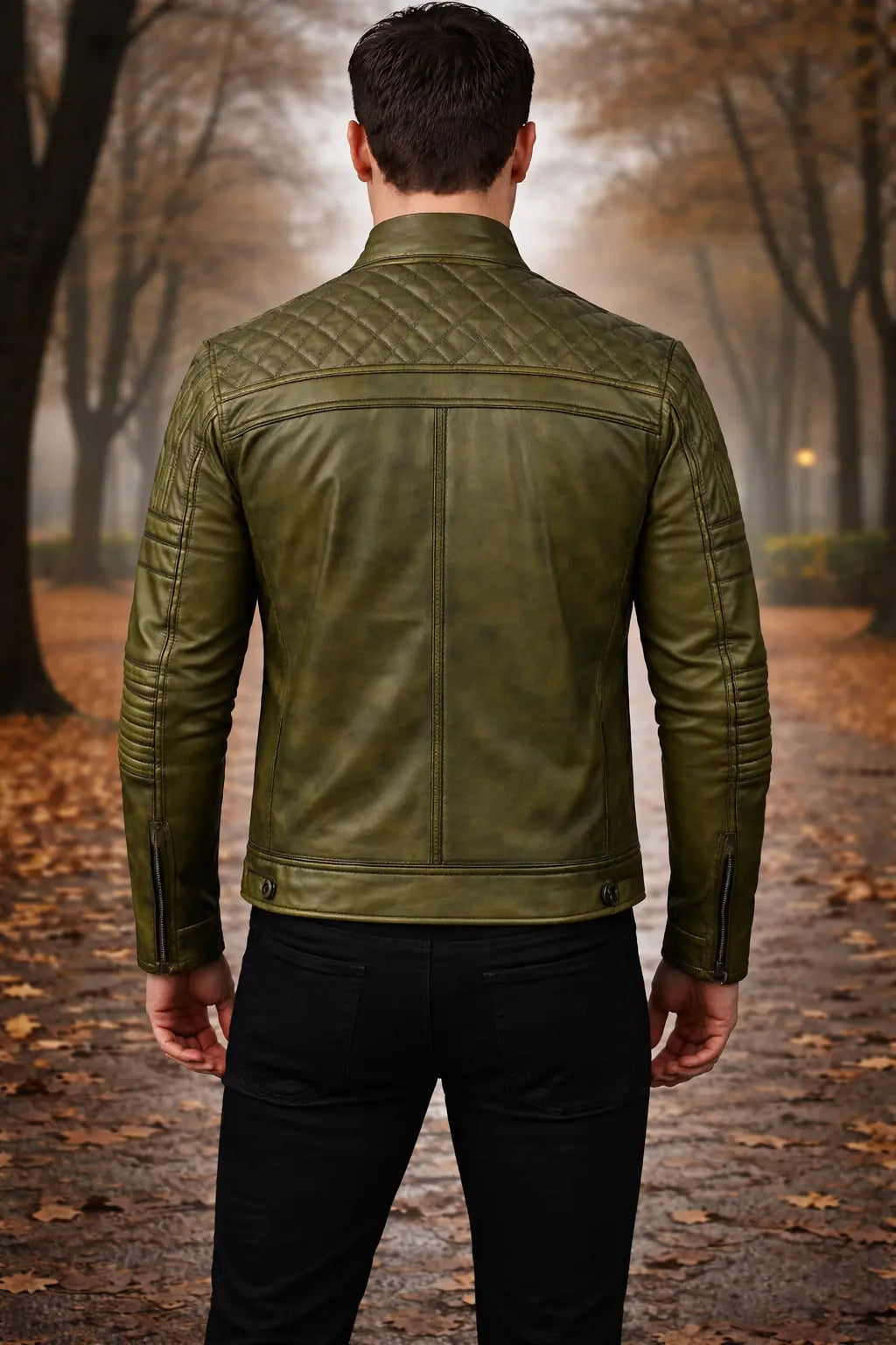 Men’s Olive Green Quilted Leather Biker Jacket Custom Leathers