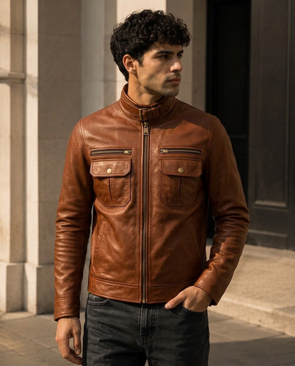 Men's Cognac Brown Leather Jacket with Buckle Collar