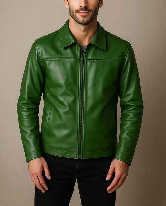 Men's Green Leather Jacket with Classic Zip Closure