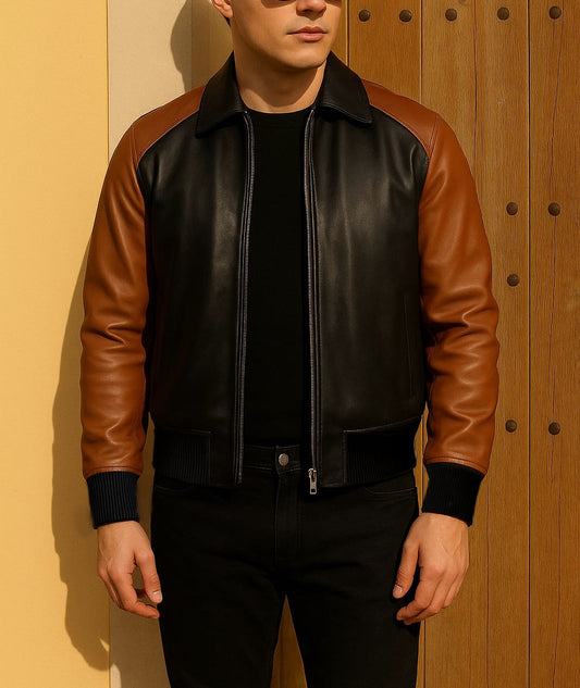 Men's Black & Brown Two-Tone Leather Bomber Jacket