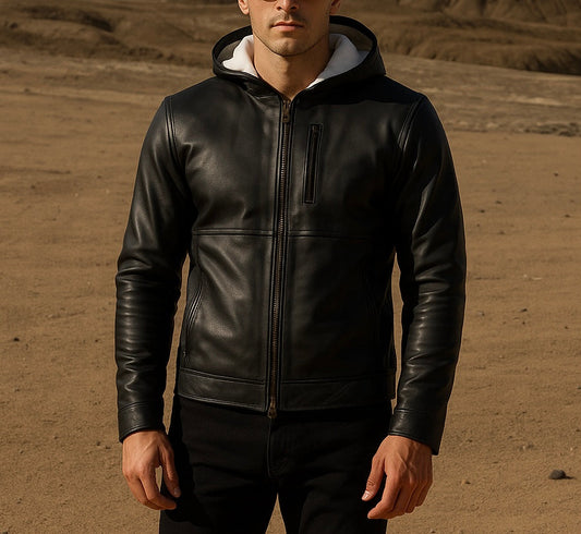 Men's Black Leather Jacket with Hood