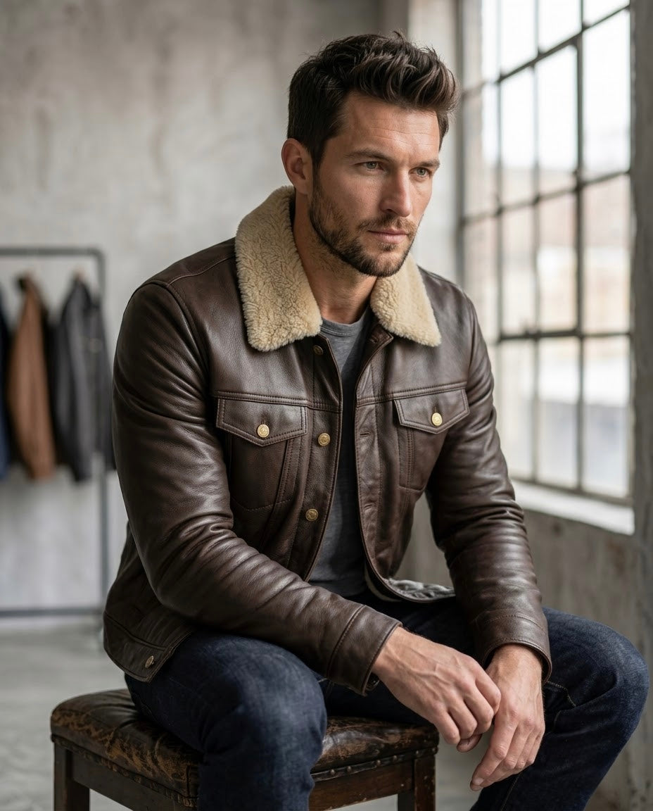 Men's Black Shearling Collar Leather Jacket