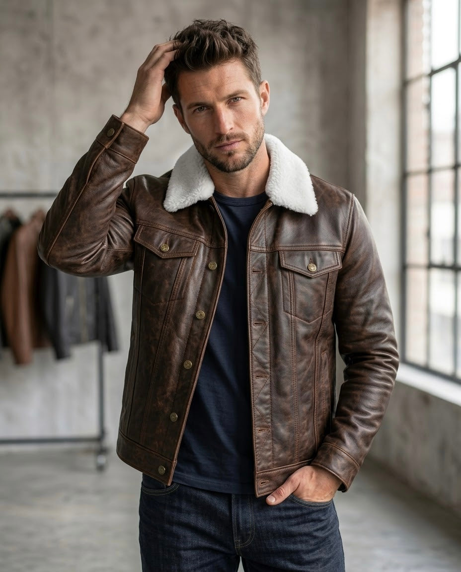 Men's Black Shearling Collar Leather Jacket