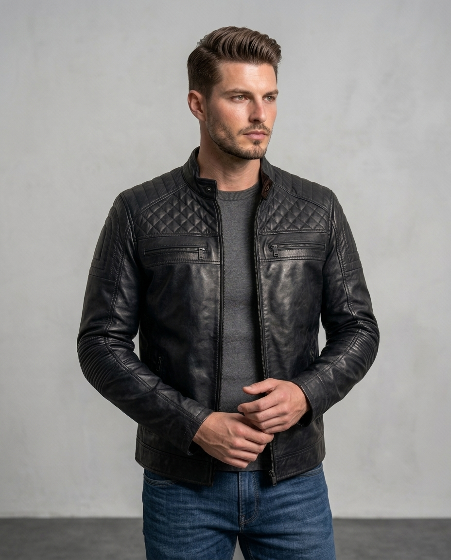 Men’s Olive Green Quilted Leather Biker Jacket