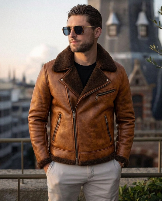 Men's Cognac Brown Shearling Leather Jacket