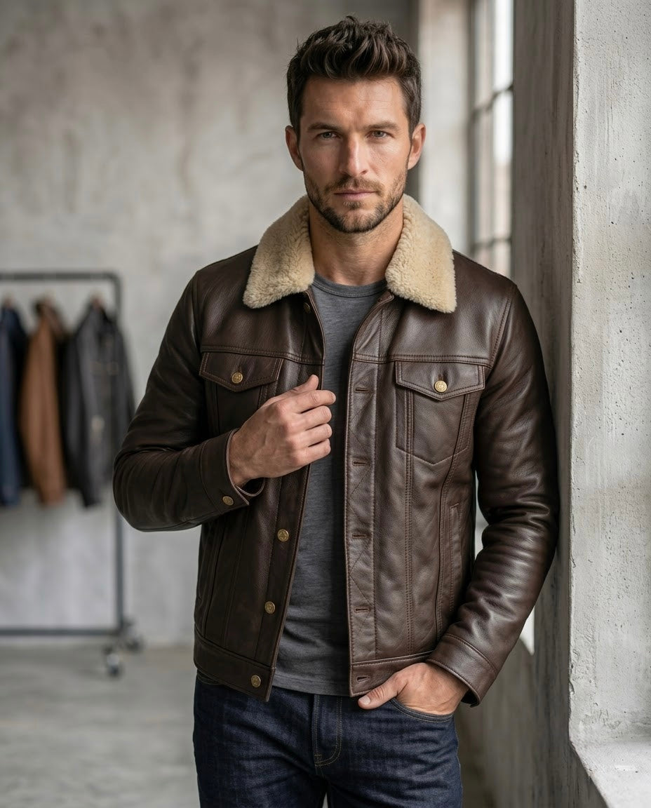 Men's Black Shearling Collar Leather Jacket