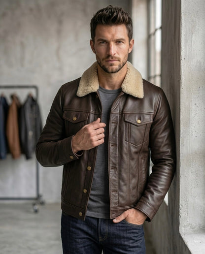 Men's Black Shearling Collar Leather Jacket