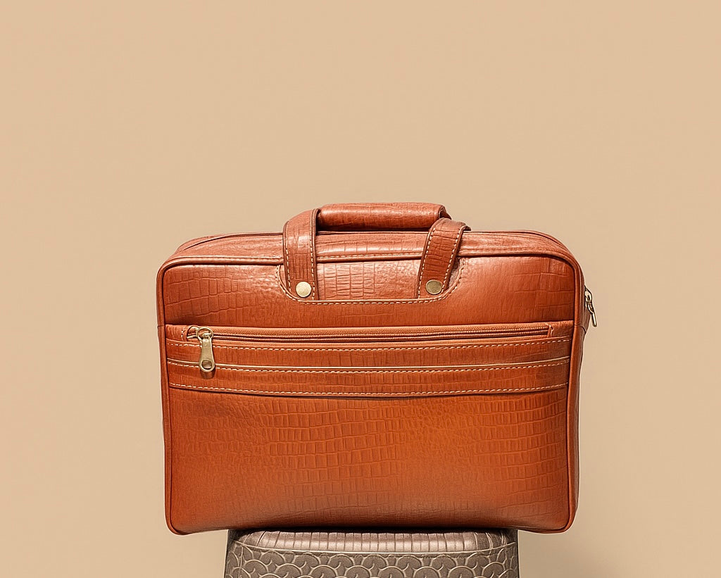 Tan Croc Leather Laptop Bag
