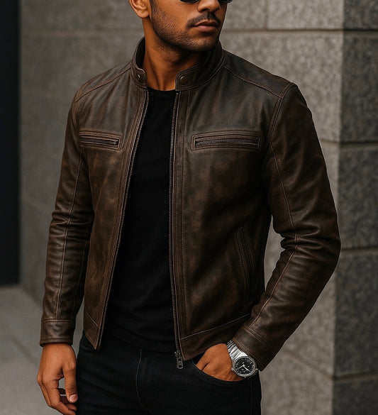 Men's Distressed Dark Brown Leather Jacket with Stand Collar