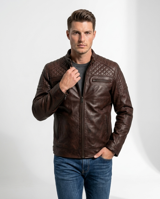 Men’s Olive Green Quilted Leather Biker Jacket