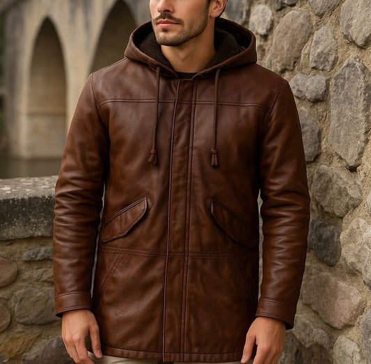 Men's Brown Hooded Leather Jacket