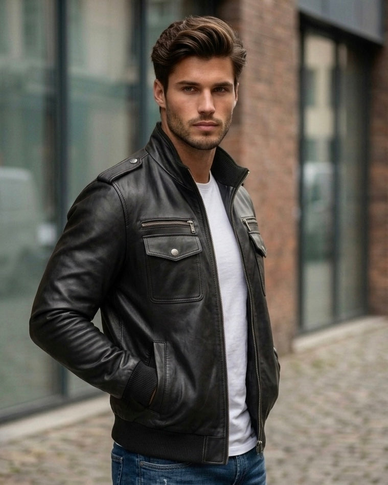 Men's Black Leather Bomber Jacket with Hood