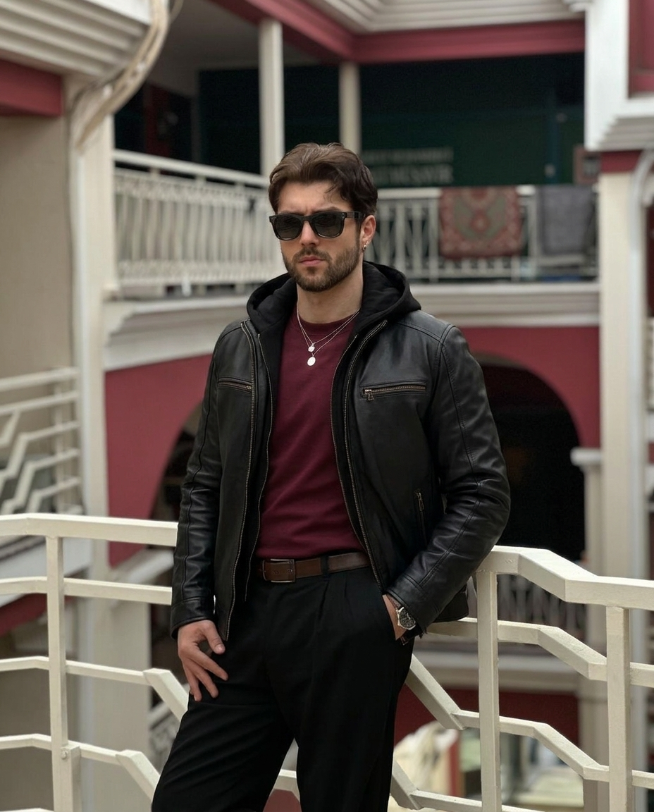 Men's Black Leather Jacket with Detachable Hood