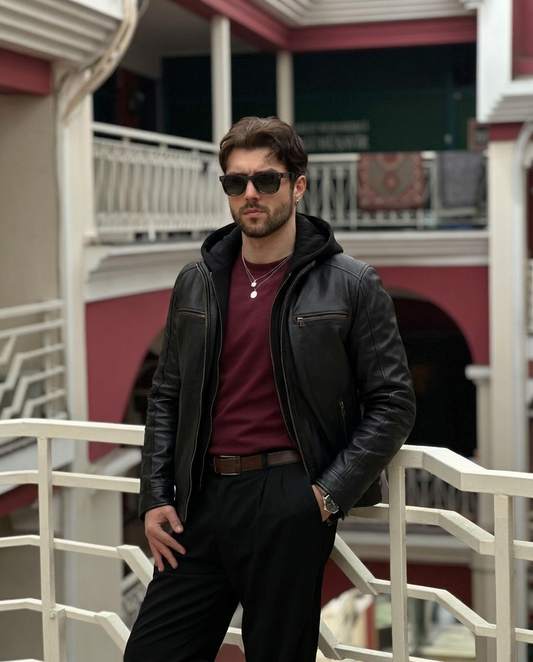 Men's Black Leather Jacket with Detachable Hood