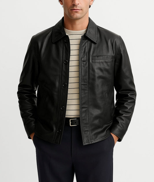 Men's Classic Black Leather Button-Up Jacket