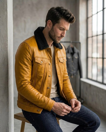 Men's Black Shearling Collar Leather Jacket