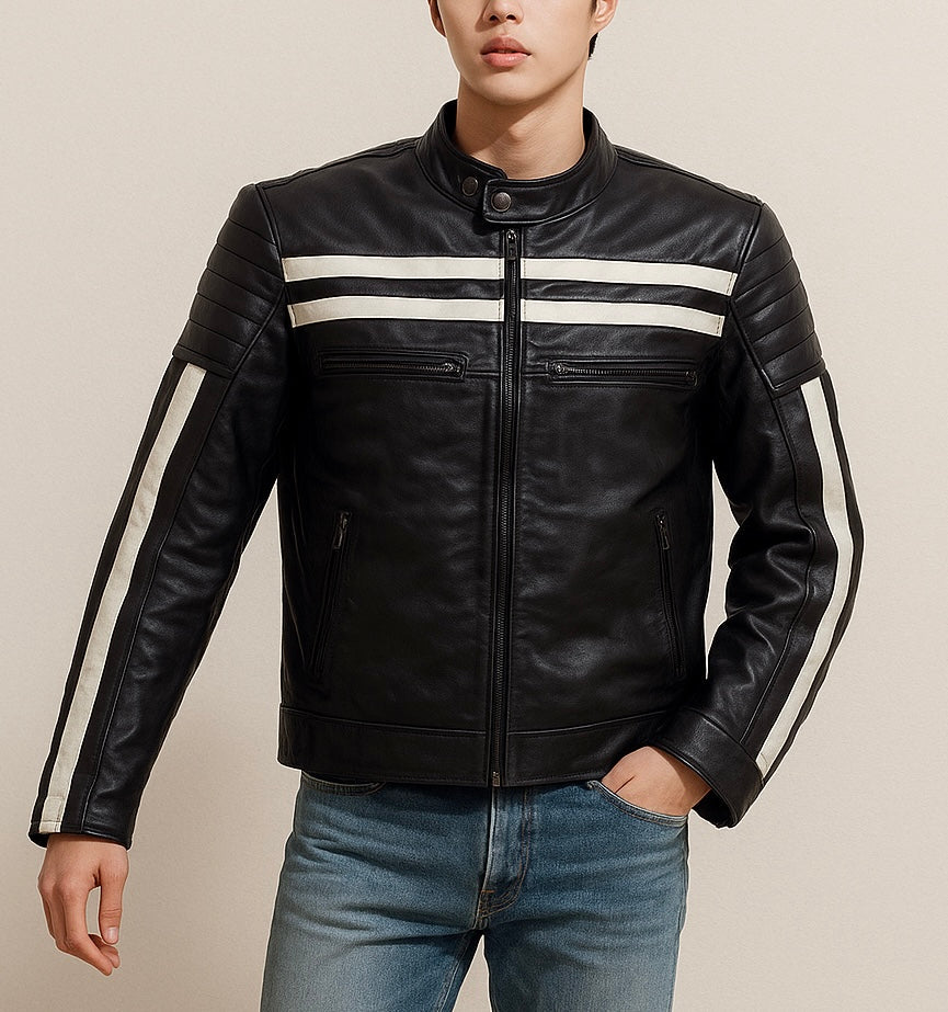 Men's Black Leather Biker Jacket with White Racing Stripes