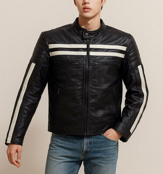 Men's Black Leather Biker Jacket with White Racing Stripes