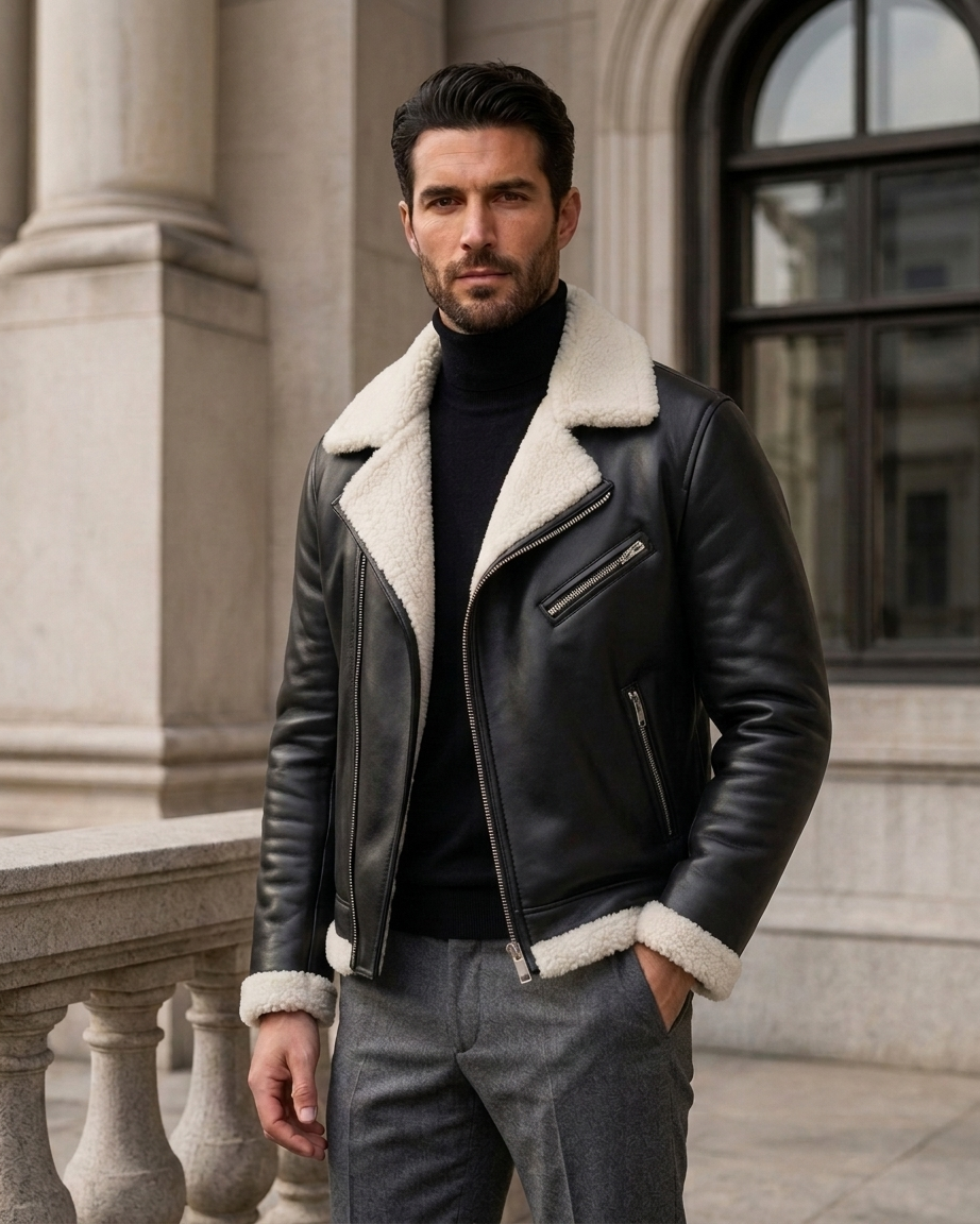 Men's Black Shearling Leather Jacket with White Fur Collar