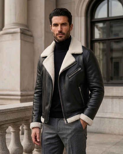 Men's Black Shearling Leather Jacket with White Fur Collar