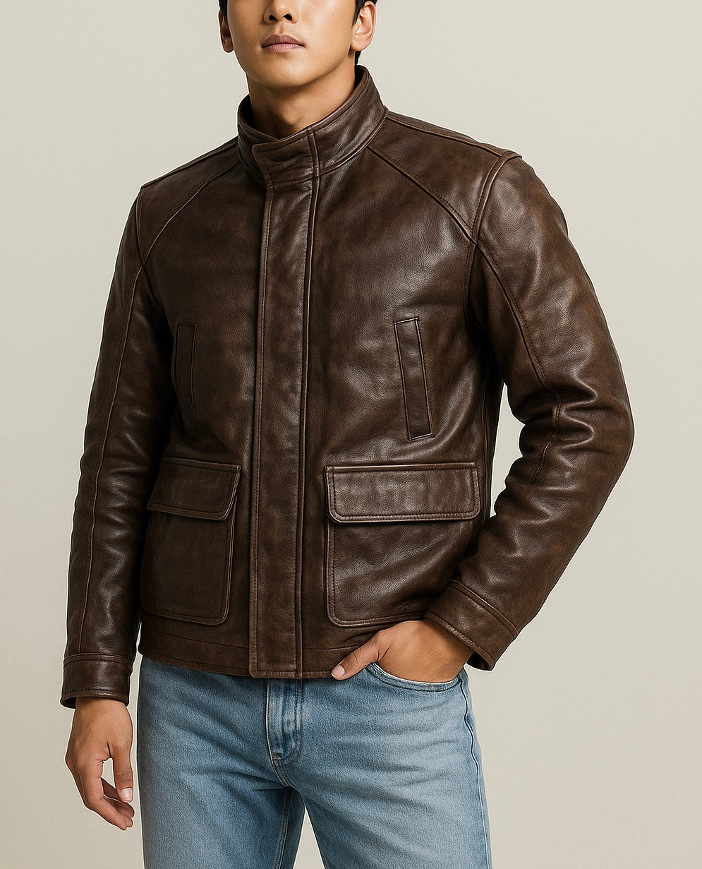 Men's Classic Brown Leather Jacket with Stand Collar