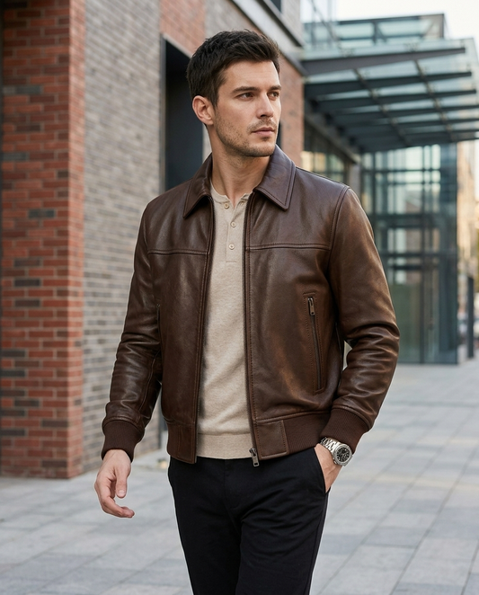 Men's Brown Leather Bomber Jacket