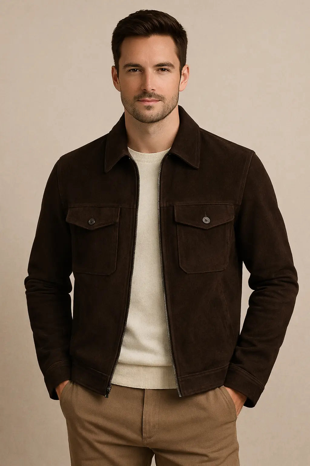 Men's Dark Brown Suede Shirt Collar Jacket Custom Leathers