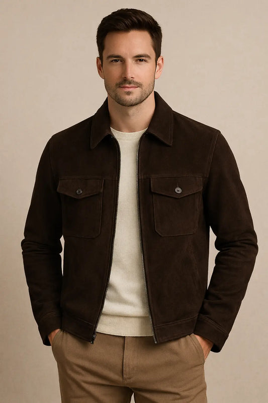 Men's Dark Brown Suede Shirt Collar Jacket Custom Leathers