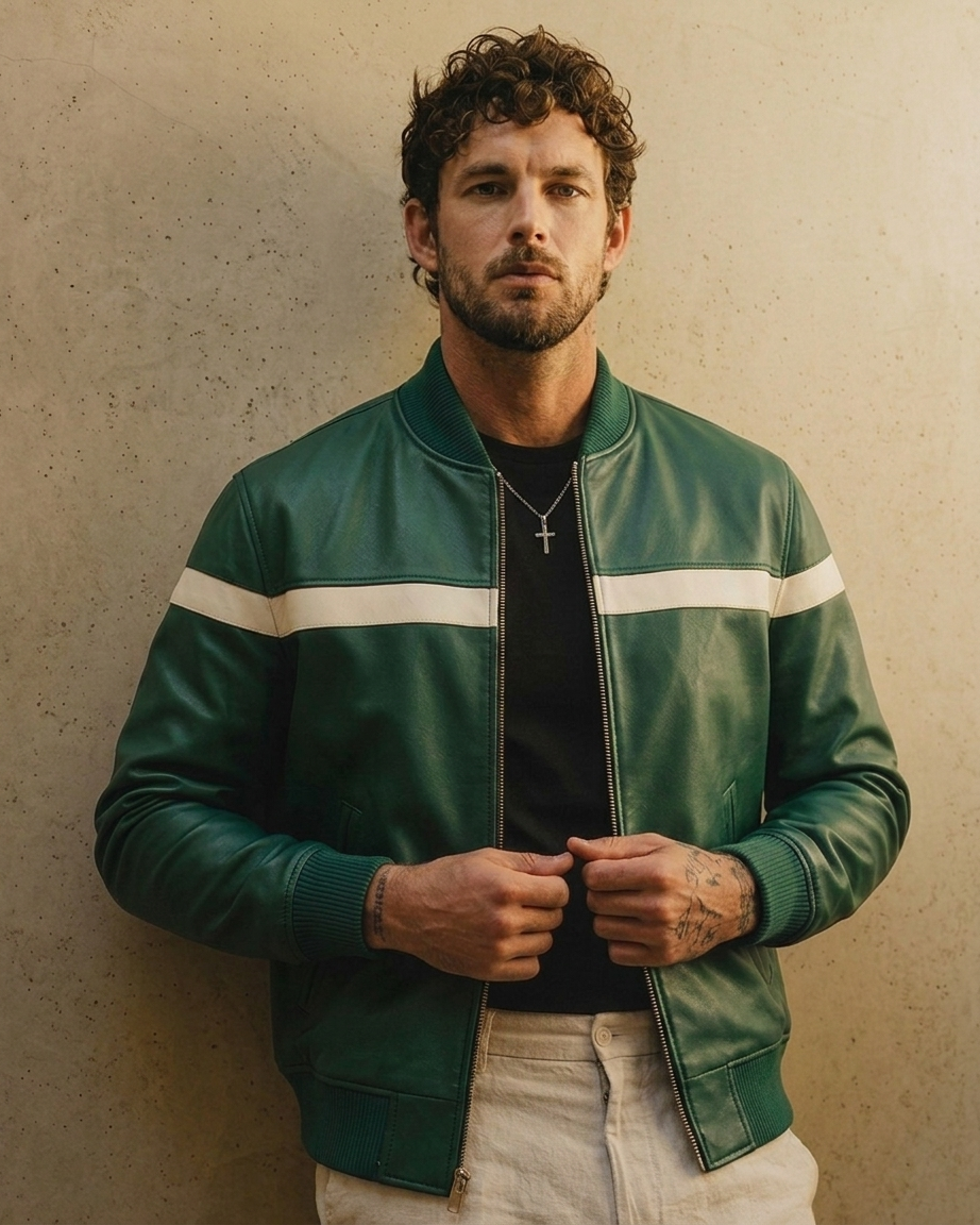 Men's Green Leather Jacket with White Stripe