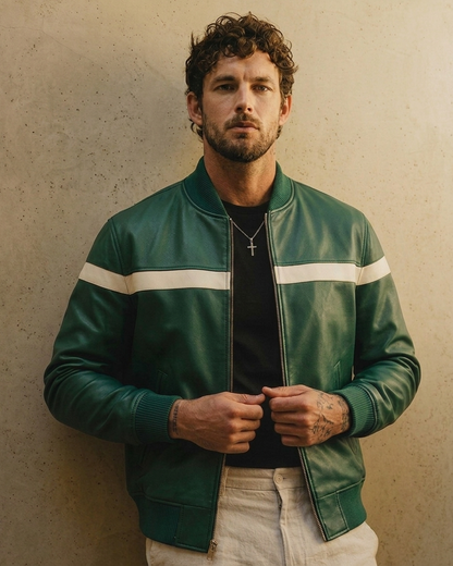 Men's Green Leather Jacket with White Stripe