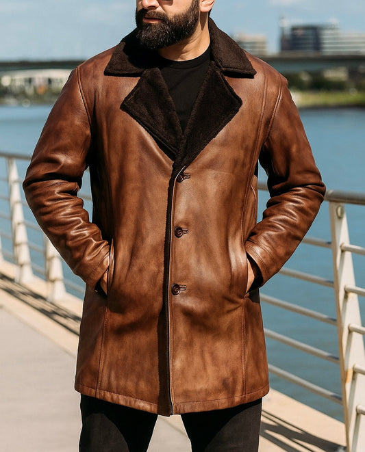 Men's Brown Leather Coat with Shearling Lining