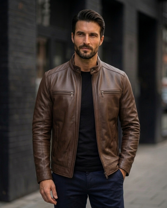 Men's Distressed Dark Brown Leather Jacket with Stand Collar