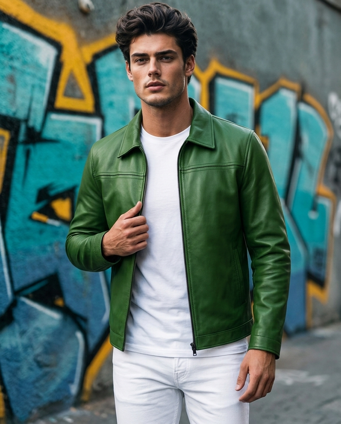 Men's Green Leather Jacket with Classic Zip Closure