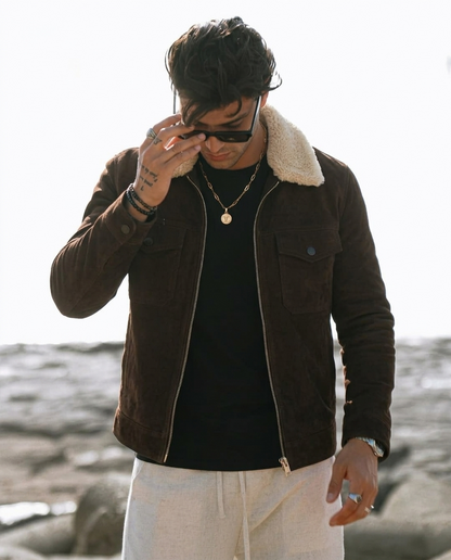 Men's Black Suede Shearling Collar Jacket