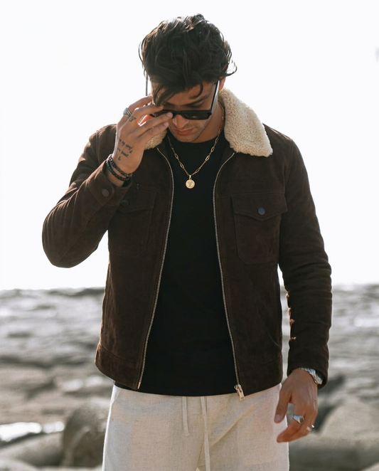 Men's Black Suede Shearling Collar Jacket