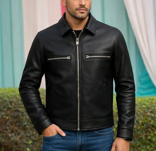 Men's Black Leather Biker Jacket with Zipper Pockets Custom Leathers