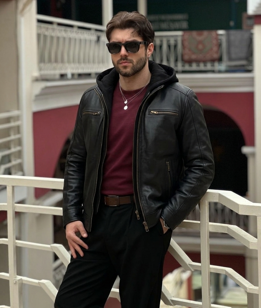 Men's Black Leather Jacket with Detachable Hood