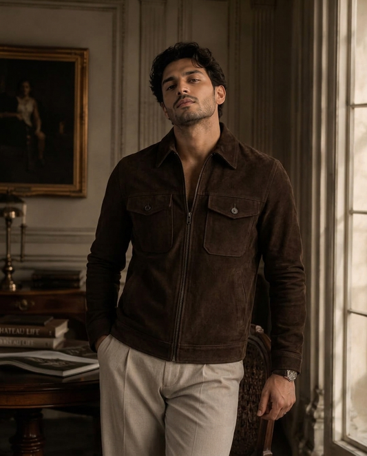 Men's Dark Brown Suede Shirt Collar Jacket