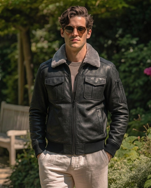 Men's Black Leather Bomber Jacket with Shearling Collar
