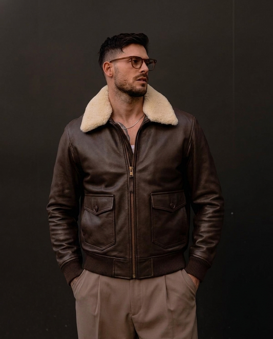 Men's Brown Shearling Collar Leather Bomber Jacket
