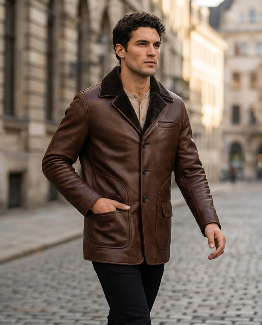 Men's Brown Leather Coat with Shearling Collar