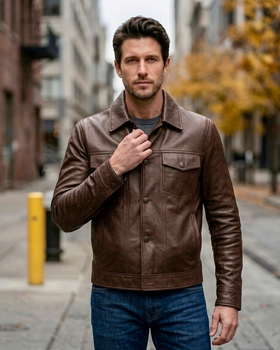 Men's Brown Leather Trucker Jacket