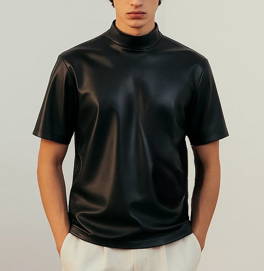 Men's Black Faux Leather High-Neck T-Shirt