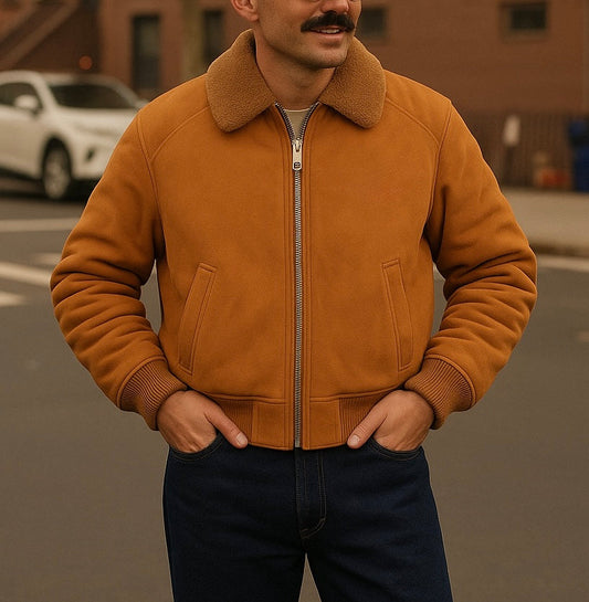 Men's Camel Suede Bomber Jacket with Shearling Collar