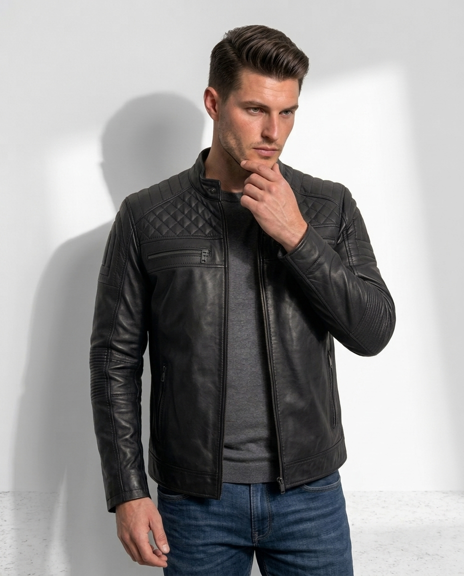Men’s Olive Green Quilted Leather Biker Jacket