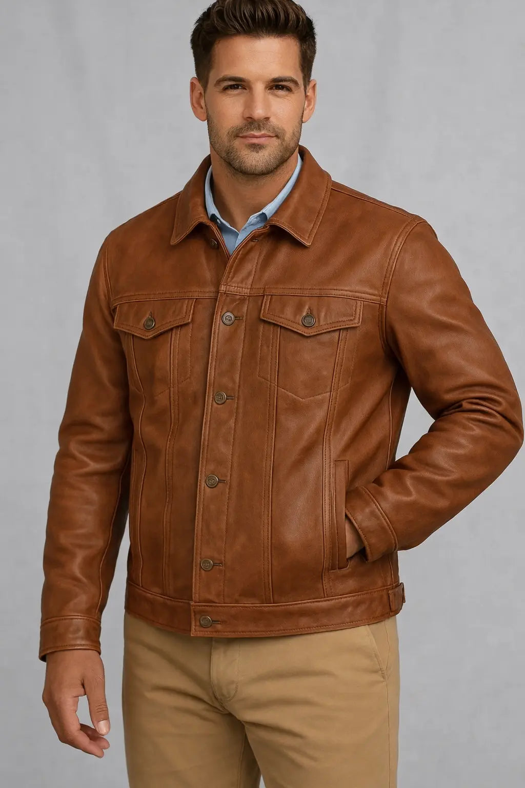 Men's Tan Leather Trucker Jacket Custom Leathers